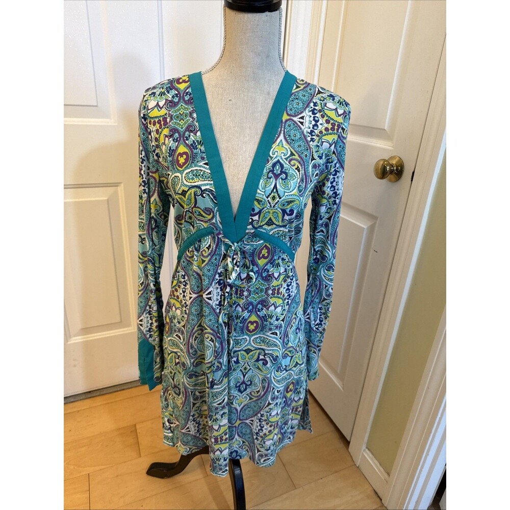 AWESOME AQUA Athleta Coverup blue paisley print beach cotton long sleeves Size S